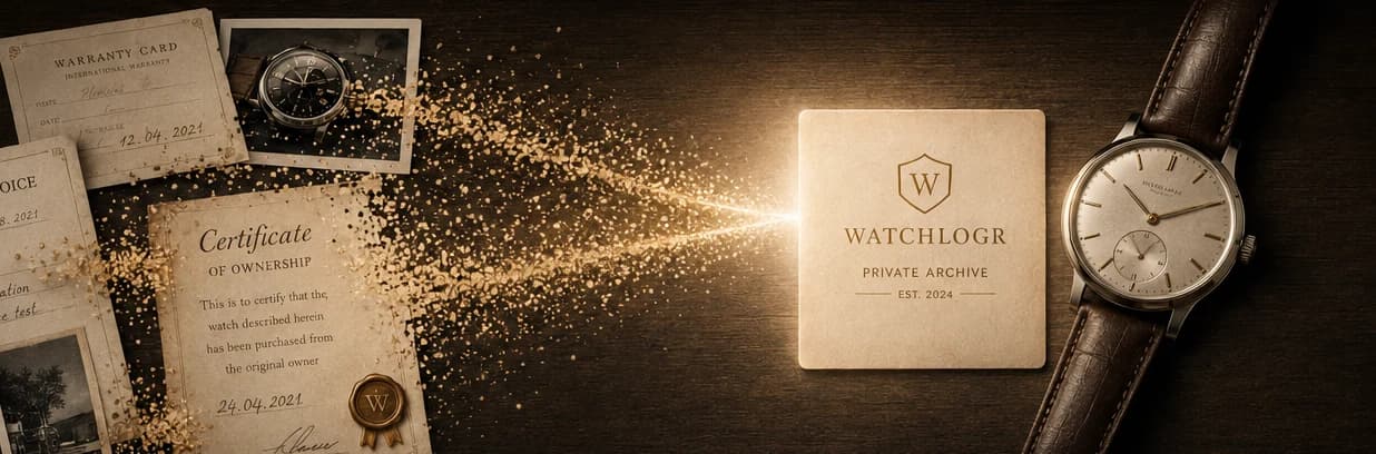 Warranty cards, service records and photographs drawn together into a single WatchLogR archive card beside a mechanical watch.