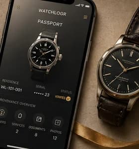 A watch's digital Passport on a phone — reference, serial, verified status and record counts — shown beside the physical watch it belongs to.