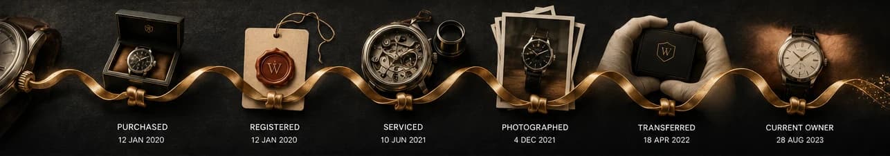 A brass provenance ribbon tracing a watch's life from purchased to registered, serviced, photographed, transferred and current owner.