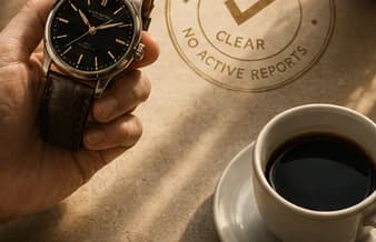 A watch held in hand beside a brass 'Clear — no active reports' stamp and a cup of coffee, reassuring a buyer before purchase.