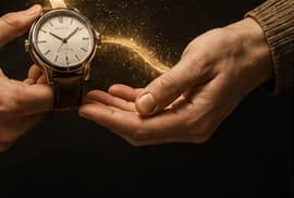 A gold watch passed from one hand to an open waiting hand amid a trail of brass light — ownership and history moving on together.